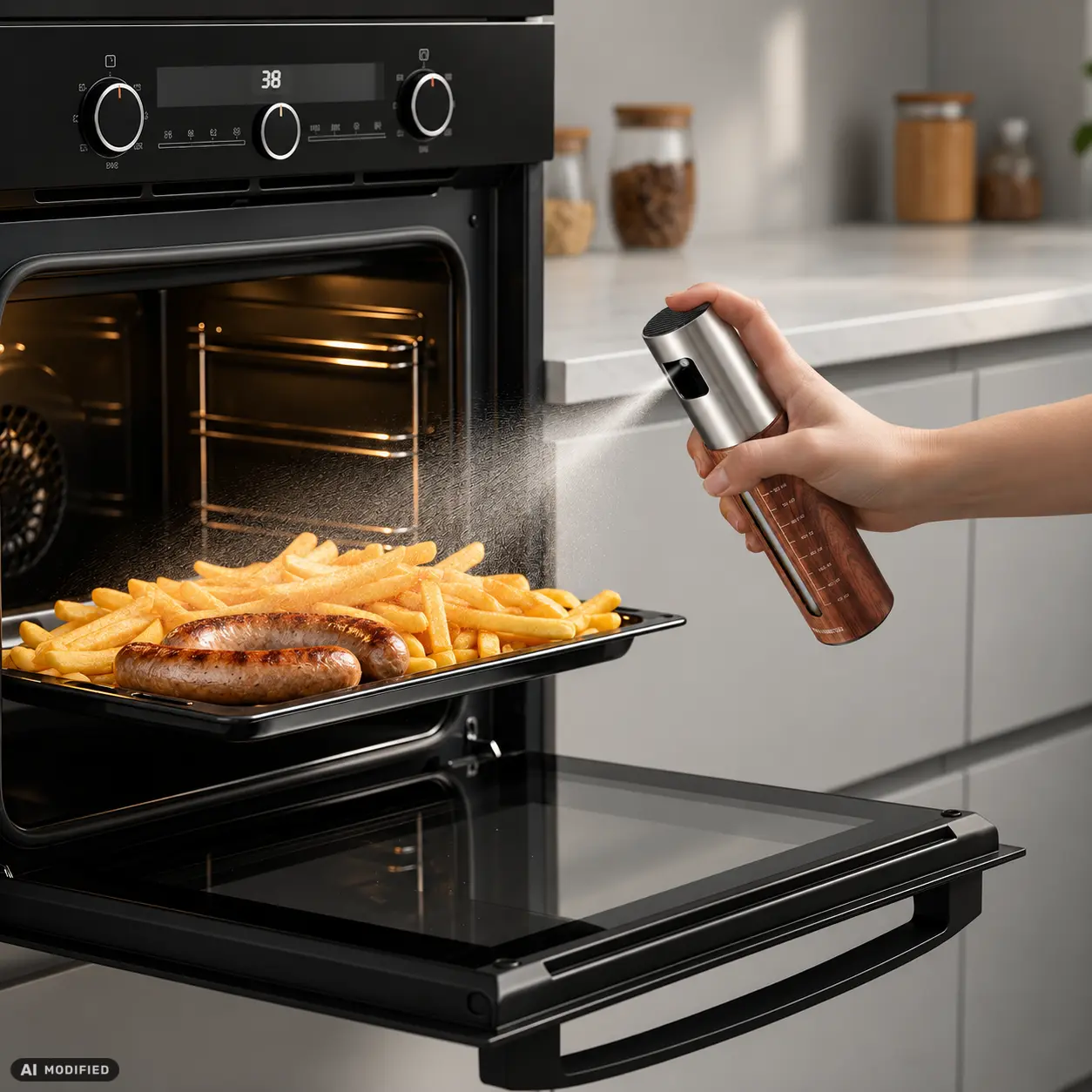 WALLINBERG® Ölsprüher versprüht feinen Ölnebel über Pommes frites im Backofen