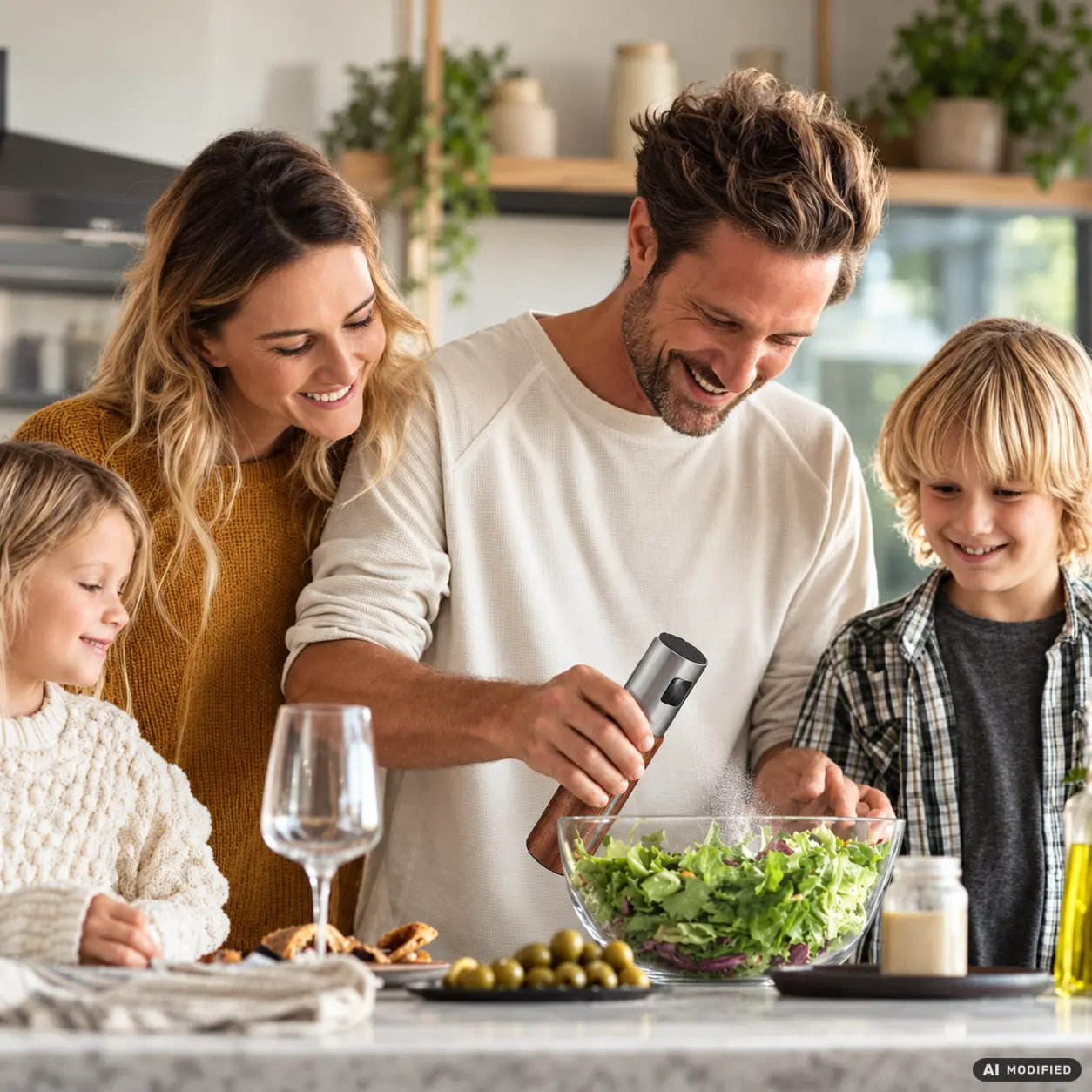 Ölnebel des WALLINBERG® Ölsprühers über einer Salatschüssel, im Vordergrund eine Familie