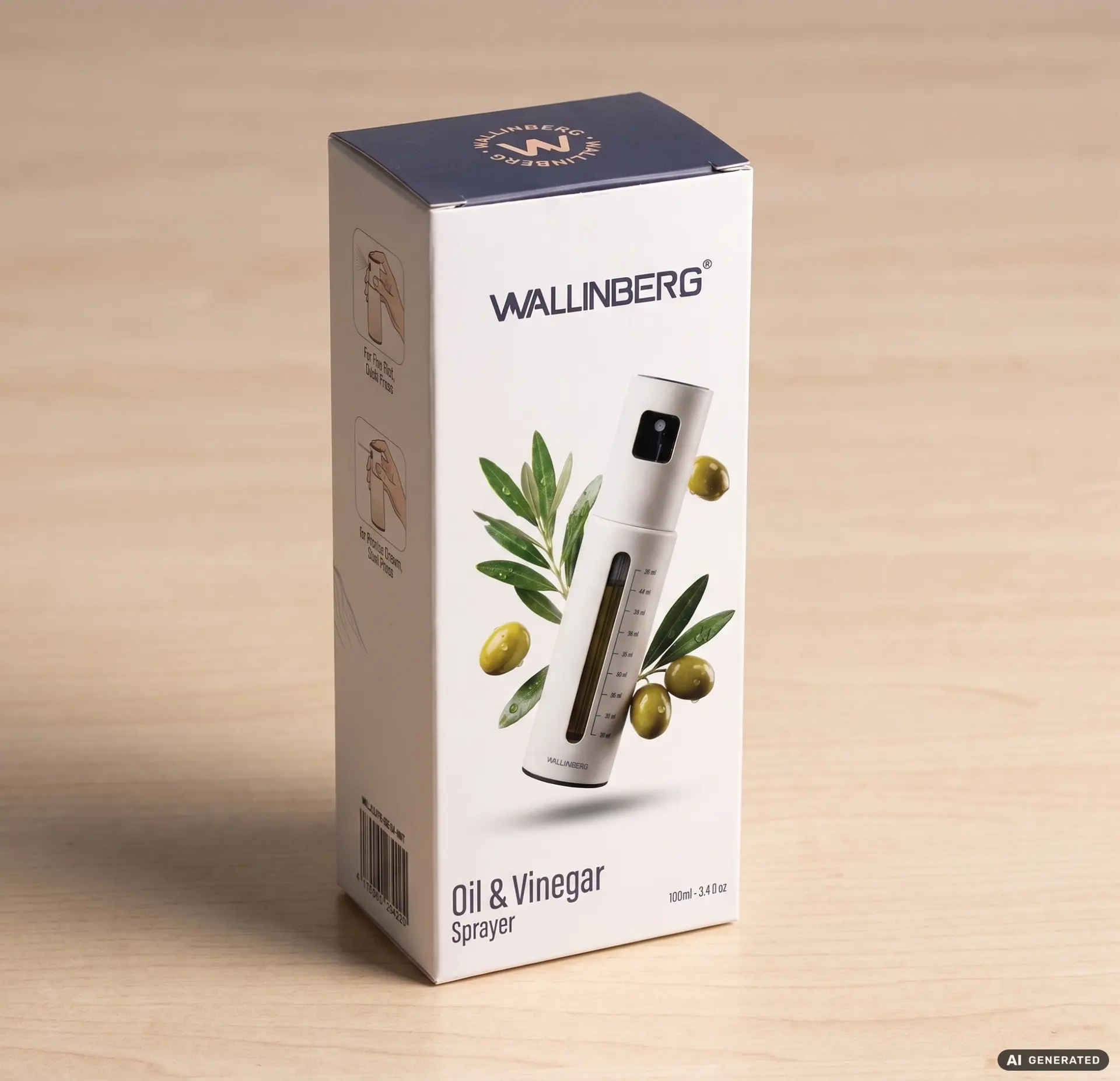 Neuer Premium-Karton von WALLINBERG®: weiße Verpackung mit dunkelblauem Deckel, Siegel und Wortmarke, auf einem Holztisch